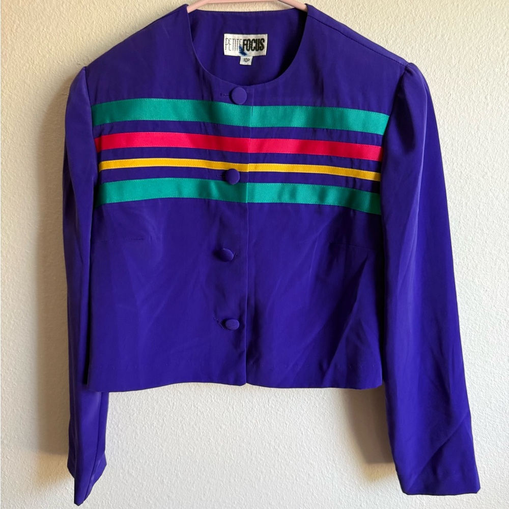 Petite Focus Vintage Colorful Striped Cropped Blazer